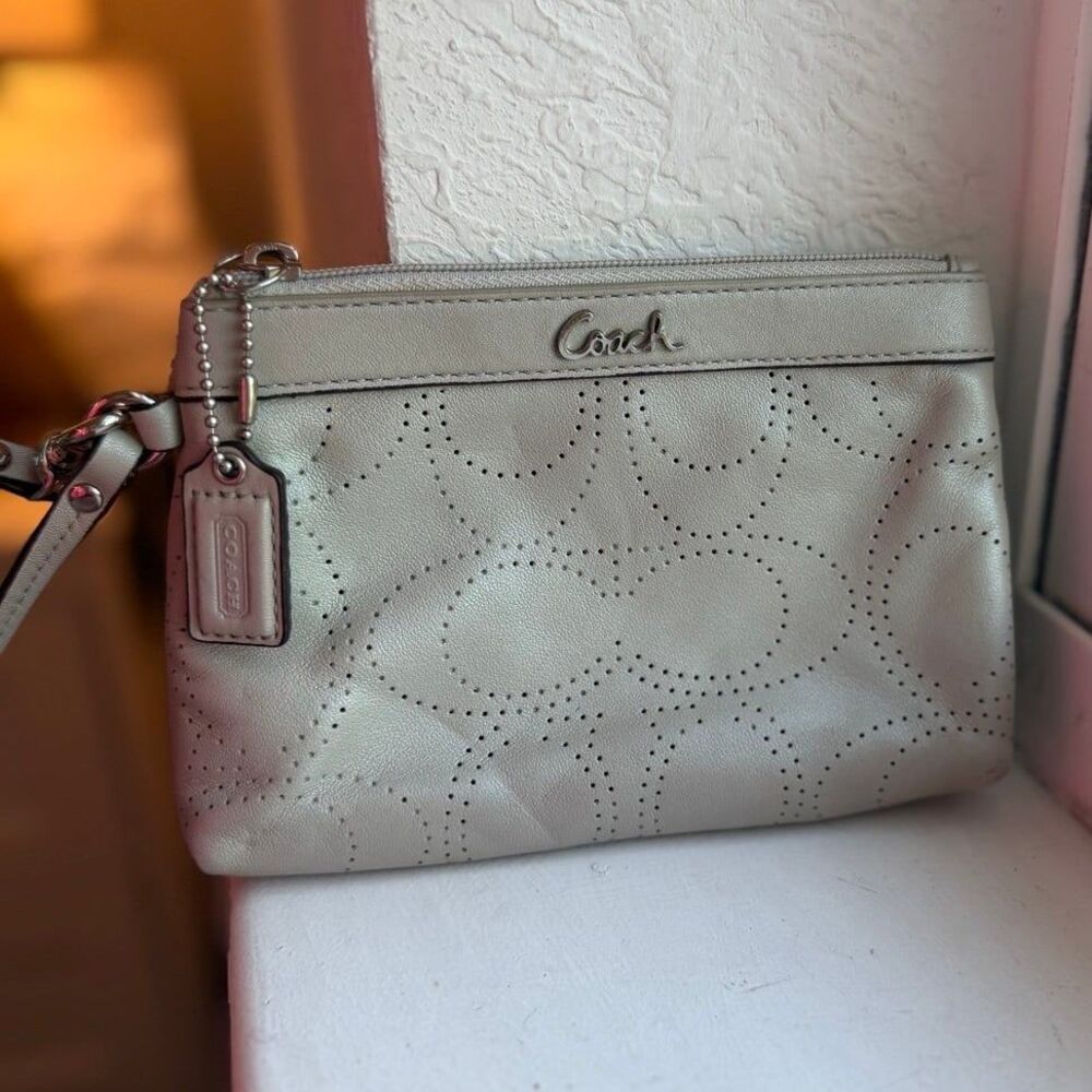 Coach Singature Logo Perforated Gray/Ivory Leather Wristlet with Peach Interior